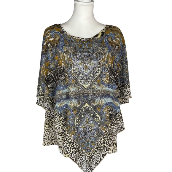 B.L.E.U Tops - B.L.E.U. Boho Rhinestone Embellished Paisley Leopard Tunic Handkerchief Hem XL
